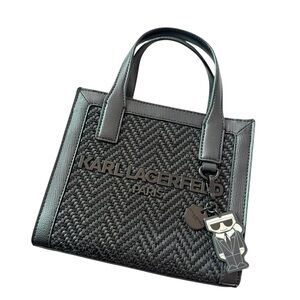 Karl Lagerfeld Paris Black Woven Tote Bag Top Handle Purse Charm